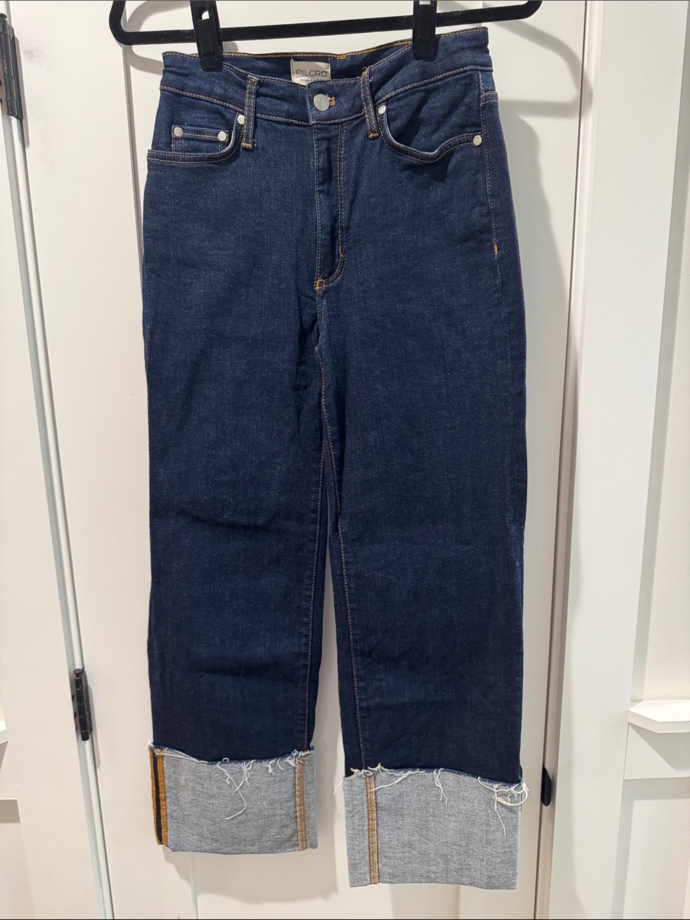 Pilcro Dark Blue Straight Leg Jeans with Rolled Raw Cuffs